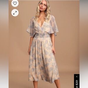 LuLus subtle romance Beige Floral Print Ruffled Midi Dress